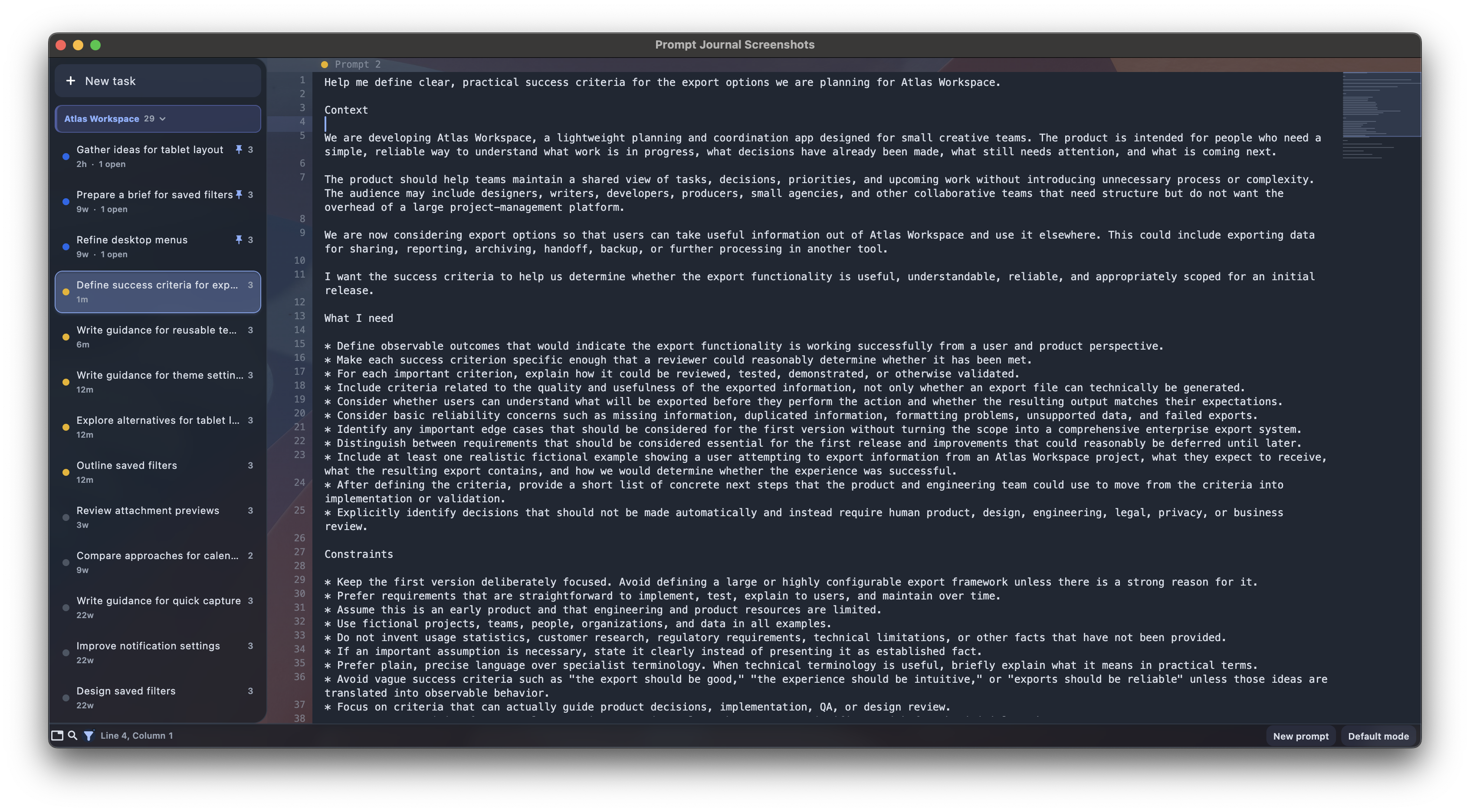 Prompt Journal editor with a project task sidebar beside a detailed prompt.