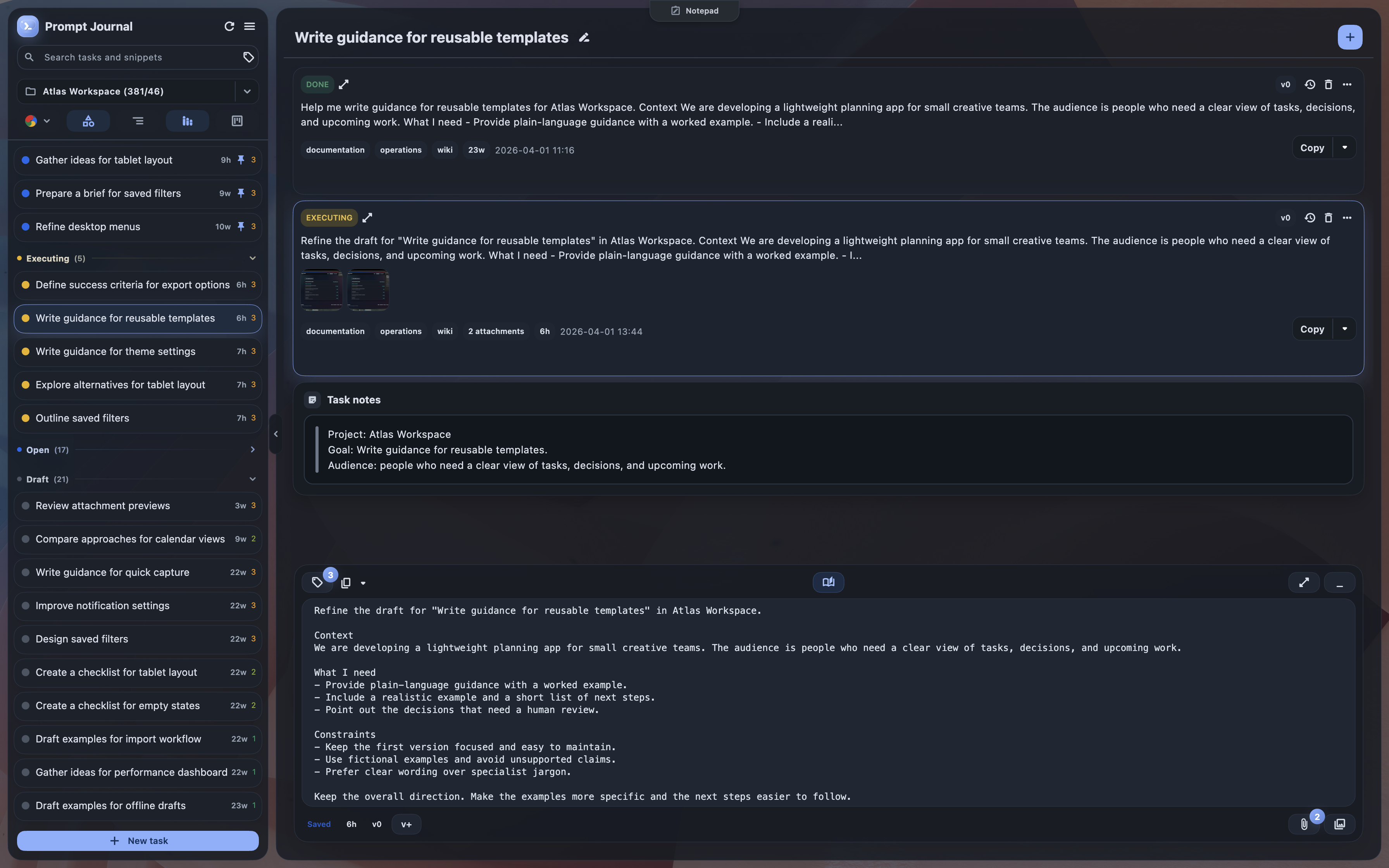 Prompt Journal workspace with tasks grouped by status, prompt history, image attachments, task notes, and the composer.