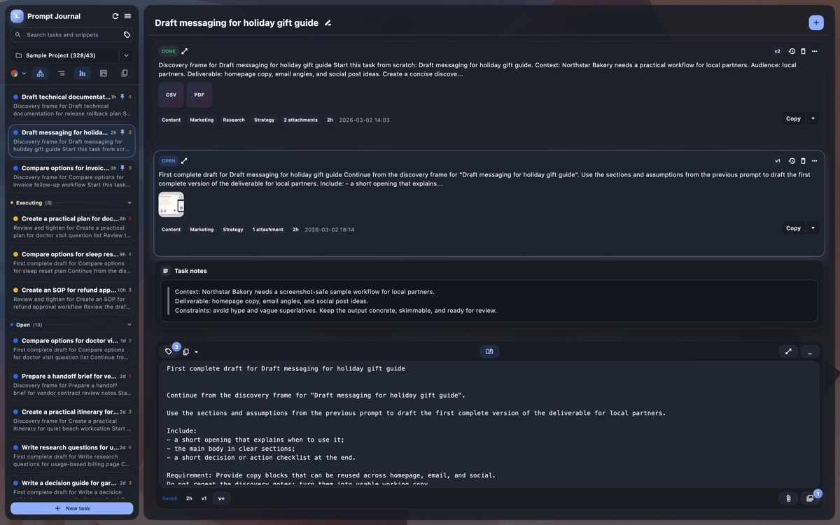 Prompt Journal workspace with prompt versions, task notes, attachments, and composer.