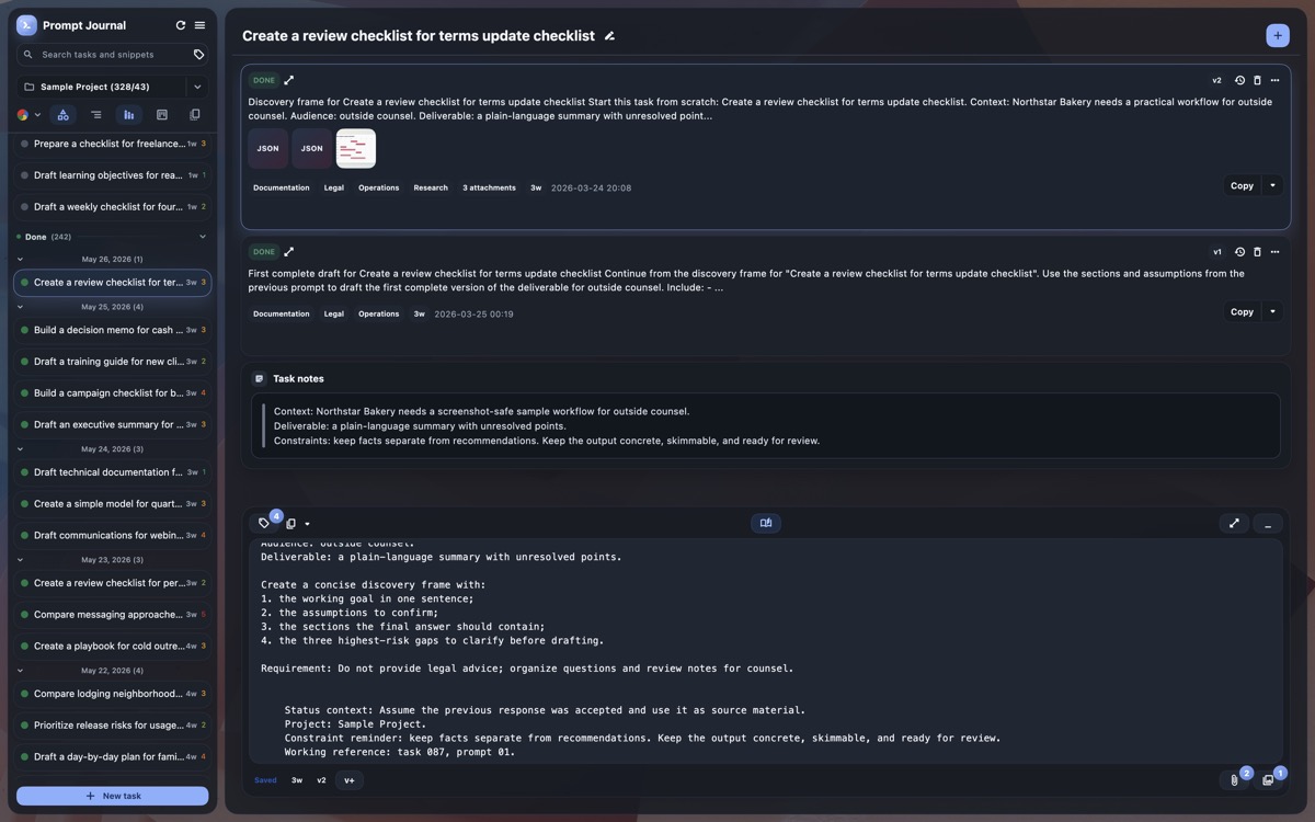Prompt Journal completed task history with saved drafts and version controls.