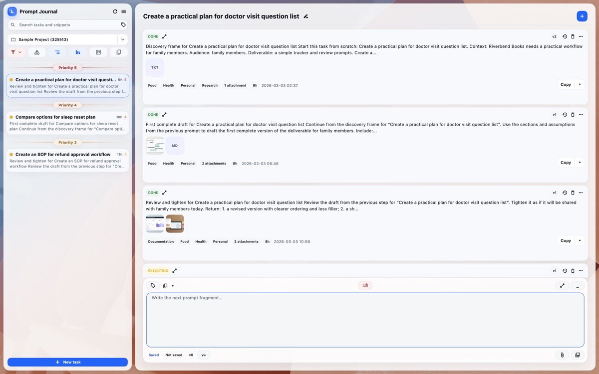 Prompt Journal light theme showing task notes, attachments, and composer.