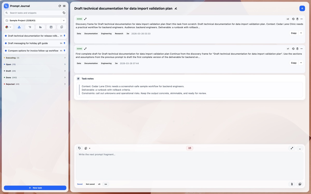 Prompt Journal task notes connected to a prompt workflow.