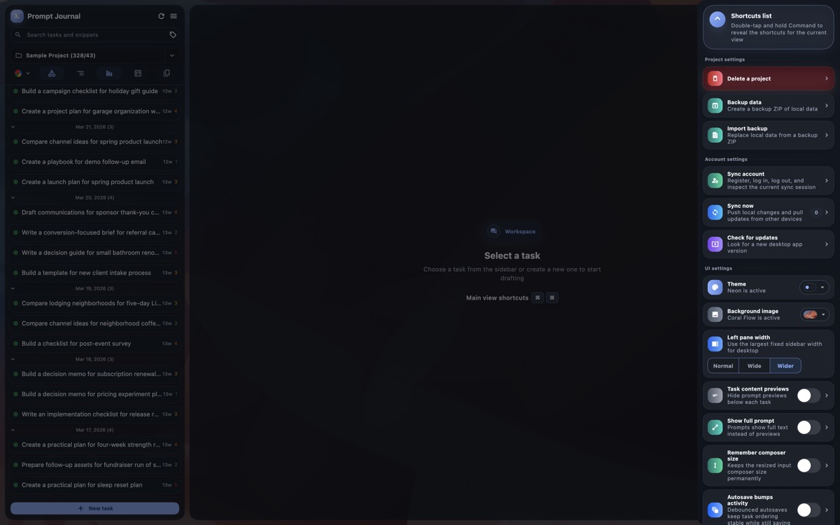 Prompt Journal project settings for backups, import, sync, updates, theme, and workspace preferences.