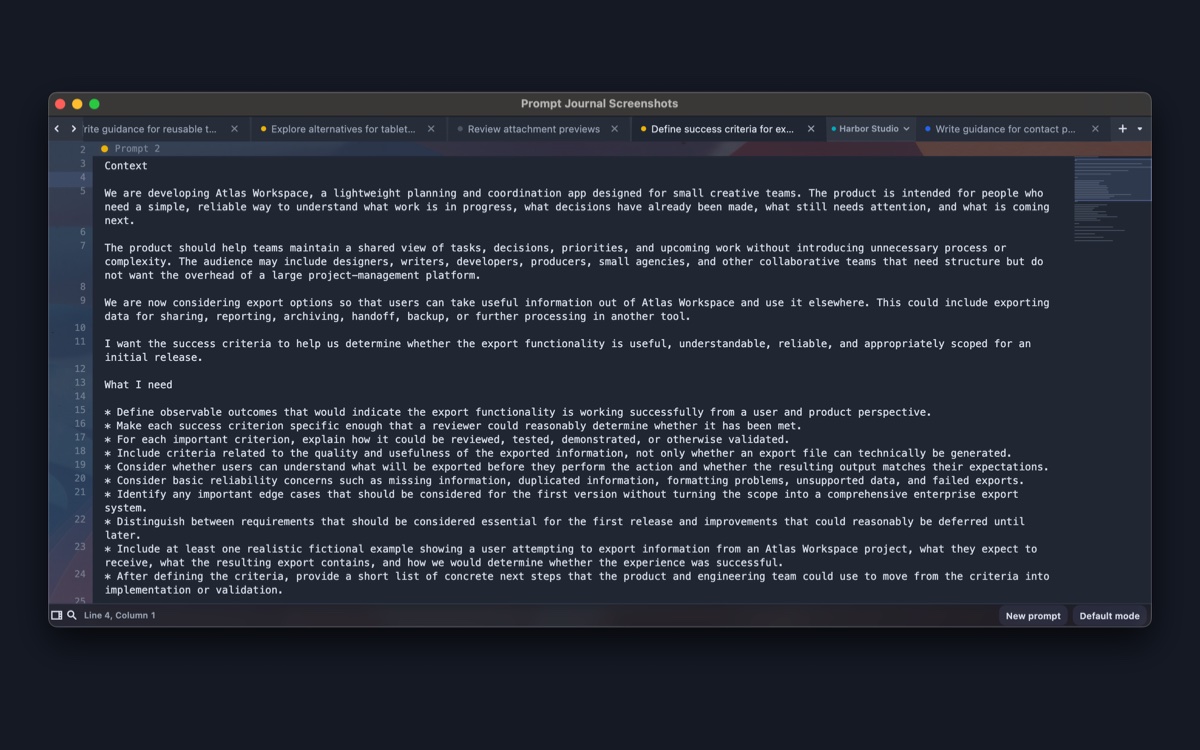 Prompt Journal in Notepad mode with a horizontal tab bar.