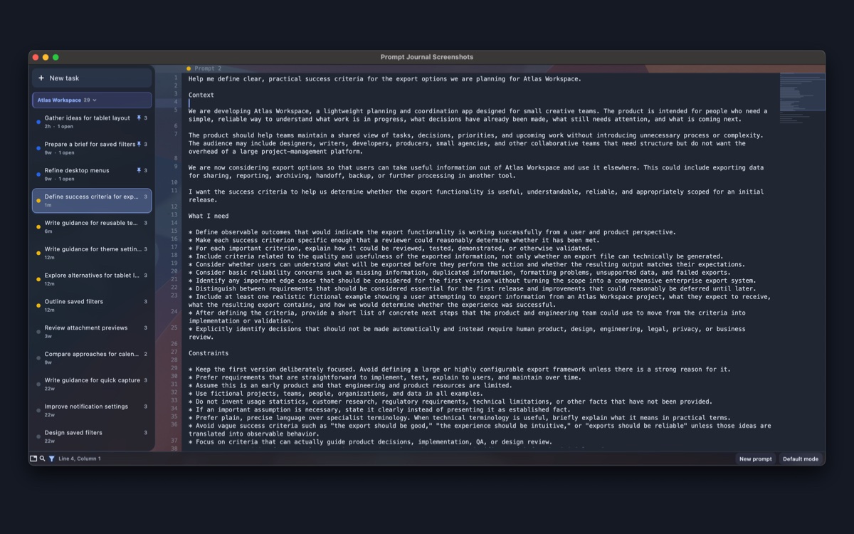 Prompt Journal in Notepad mode with a vertical tab bar.