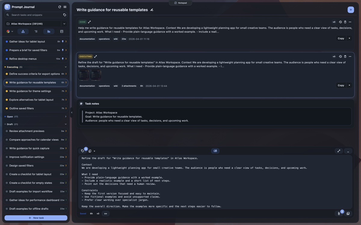Prompt Journal workspace with tasks grouped by status, prompt history, image attachments, task notes, and the composer.