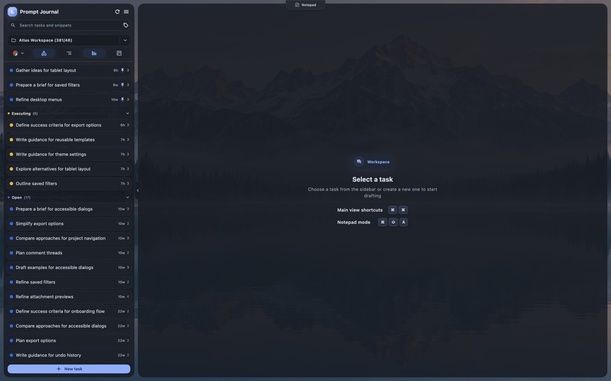 Prompt Journal workspace with no task selected, a task sidebar, and shortcuts for the main view and Notepad.
