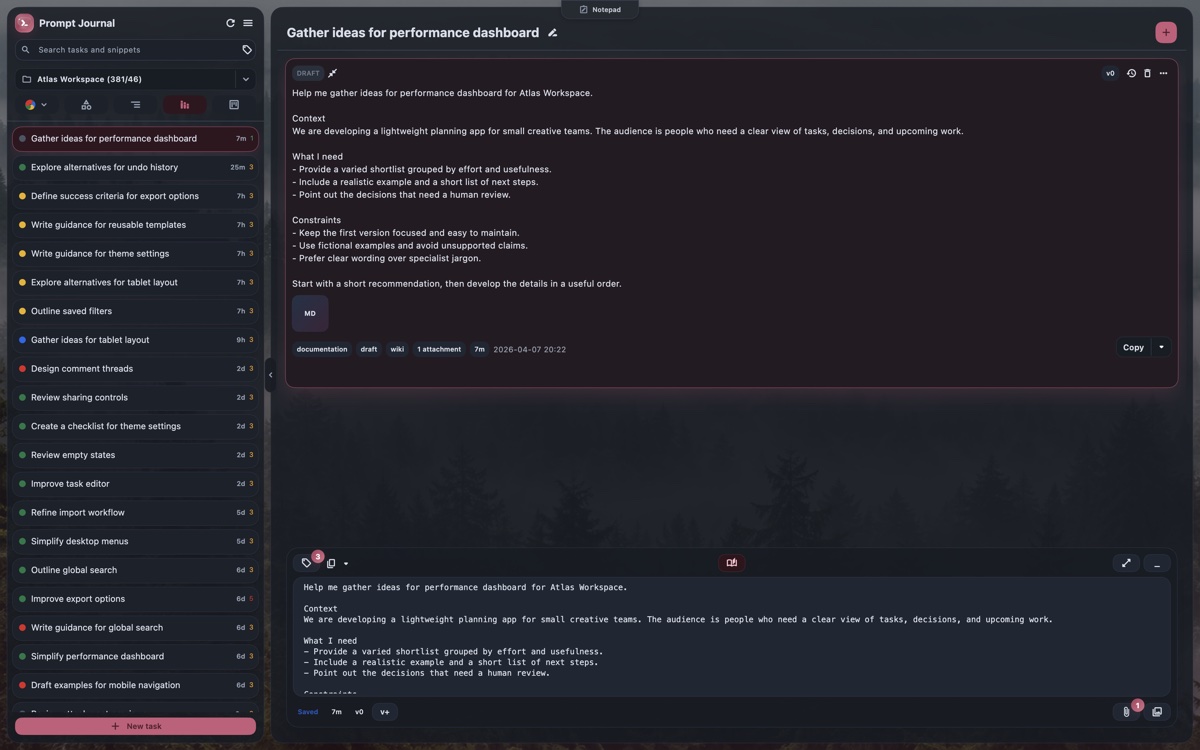 Prompt Journal with an expanded draft prompt, topic tags, a Markdown attachment, and the composer in a pink accent theme.