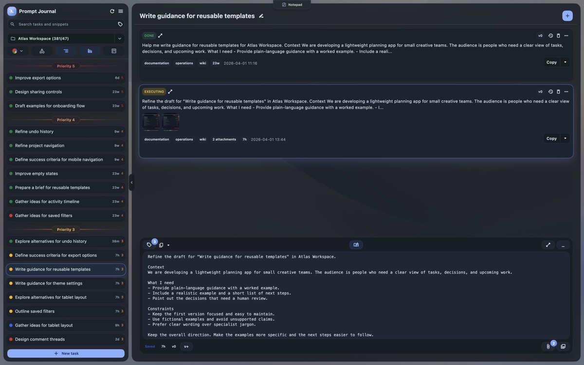 Prompt Journal task sidebar grouped by priority, with prompt history, image attachments, and the composer visible.