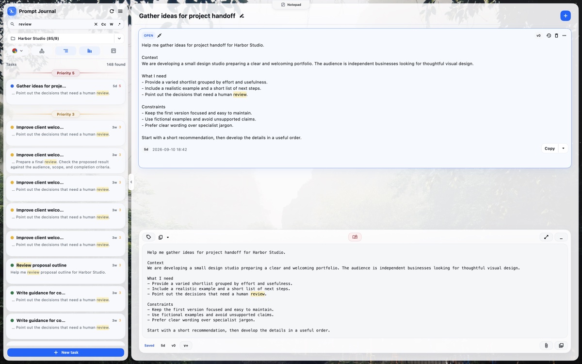Prompt Journal light theme with search results grouped by priority and matching text highlighted in the prompt and composer.
