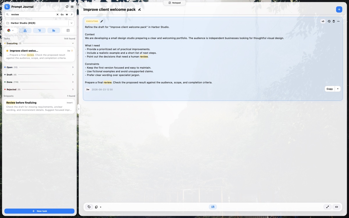 Prompt Journal light theme with task search results grouped by status, a matching reusable snippet, and a collapsed composer.