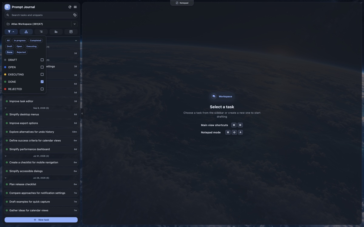 Prompt Journal sidebar status filter with presets and individual checkboxes, showing only Done tasks.
