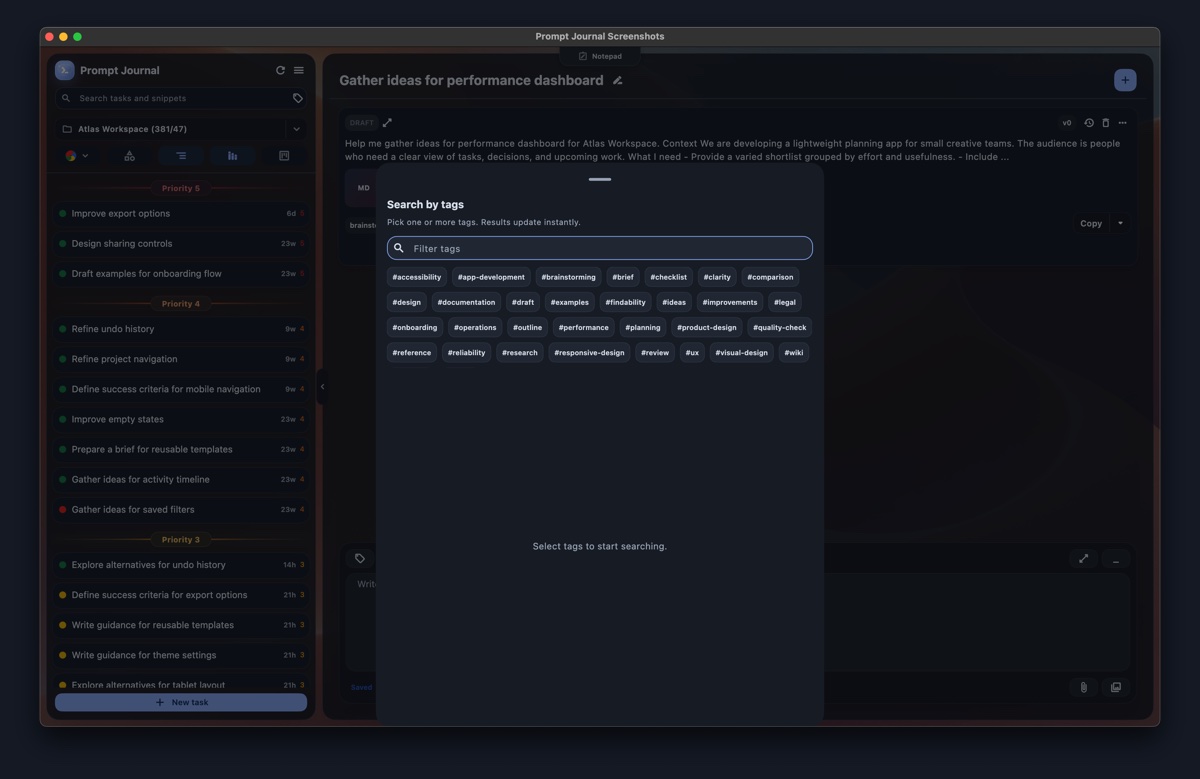 Prompt Journal Search by tags dialog with a tag filter field and selectable topic tags.