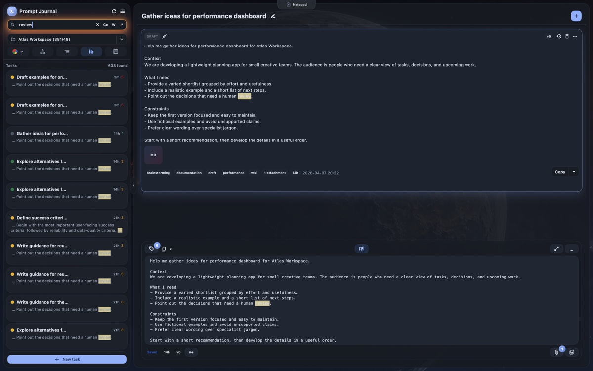 Prompt Journal task search for the word review, with matching text highlighted in the results, expanded prompt, and composer.