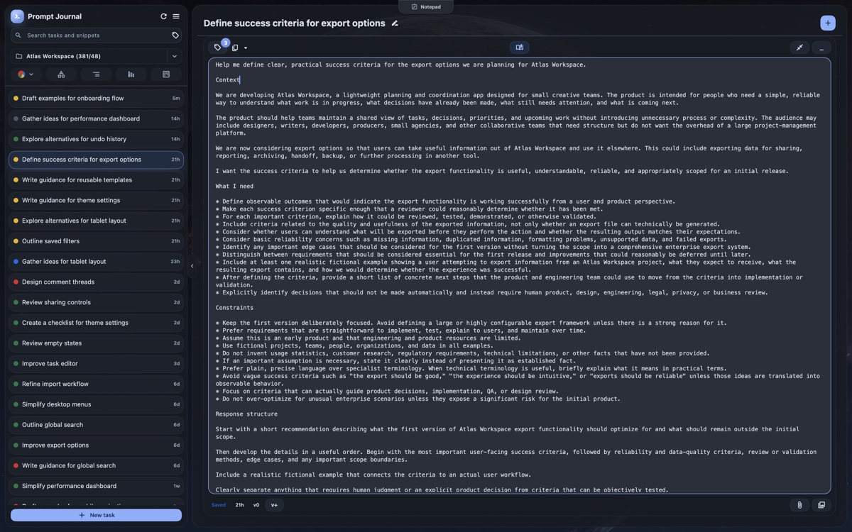 Prompt Journal expanded composer showing a long, structured prompt about export success criteria beside the task sidebar.