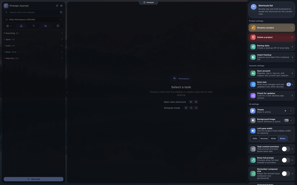Prompt Journal settings drawer with project controls, backups, sync, updates, theme, background image, sidebar width, and composer preferences.