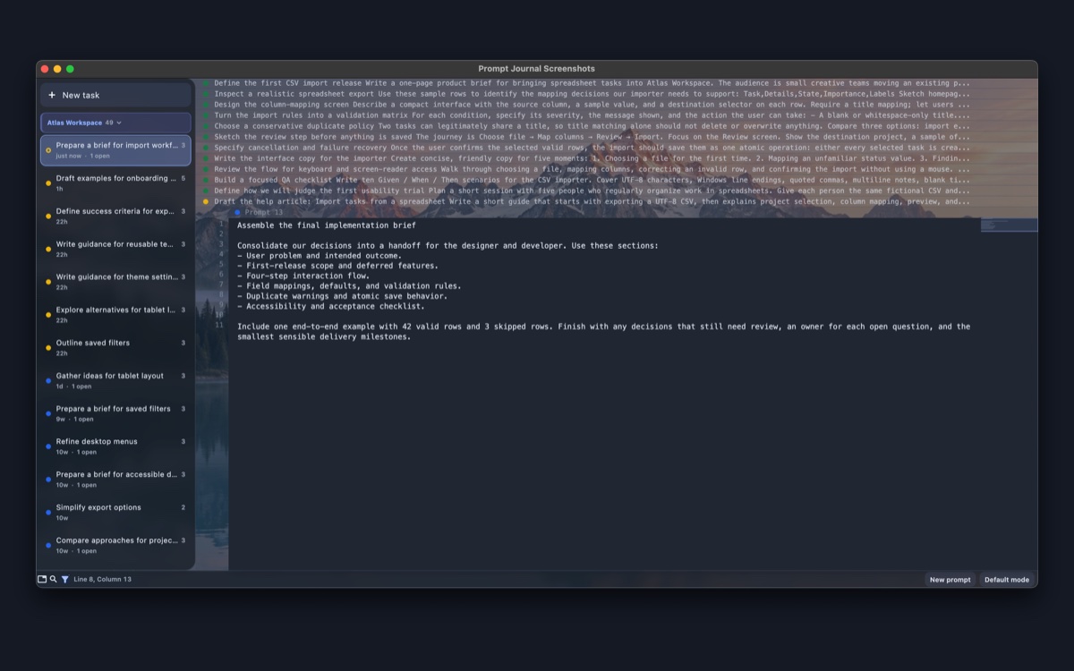 Prompt Journal in Notepad mode with a vertical tab bar and collapsed prompts above an expanded implementation brief.