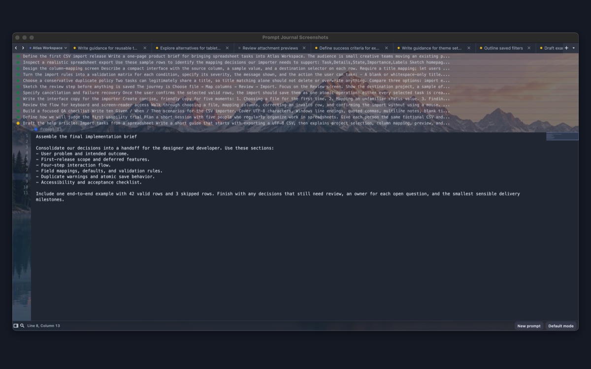 Prompt Journal in Notepad mode with a horizontal tab bar and collapsed prompts above an expanded implementation brief.