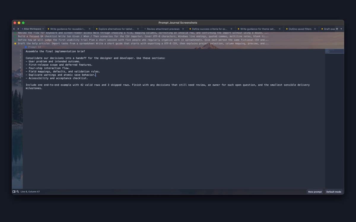 Prompt Journal in Notepad mode with a horizontal tab bar, collapsed earlier prompts, and the active prompt open for editing.